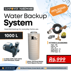 1000L Water Backup System - Slim Line Water Tank, 0.75KW Pressure Pump and Fittings