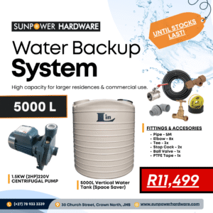 5000L Water Backup System - Slim Line Water Tank Combo With 1.5kW Pressure Pump and Fittings