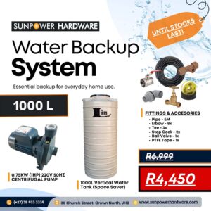 1000L Water Backup System - Slim Line Water Tank, 0.75KW Pressure Pump and Fittings