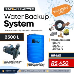 2500L Water Backup System - Slim Line Water Tank Combo With 1.1kW Pressure Pump and Fittings