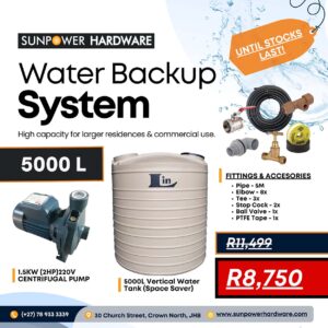5000L Water Backup System - Slim Line Water Tank Combo With 1.5kW Pressure Pump and Fittings